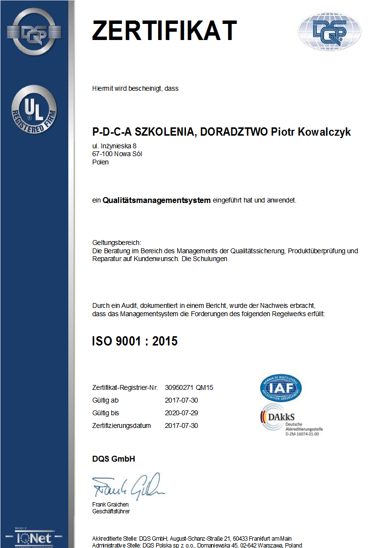 PDCA Certificate ISO 9001 DE